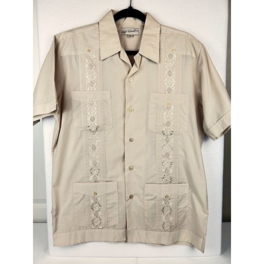 Hugo Valentino Mens Guayabera Shirt Tan Embroidered Short Sleeve Button Up M